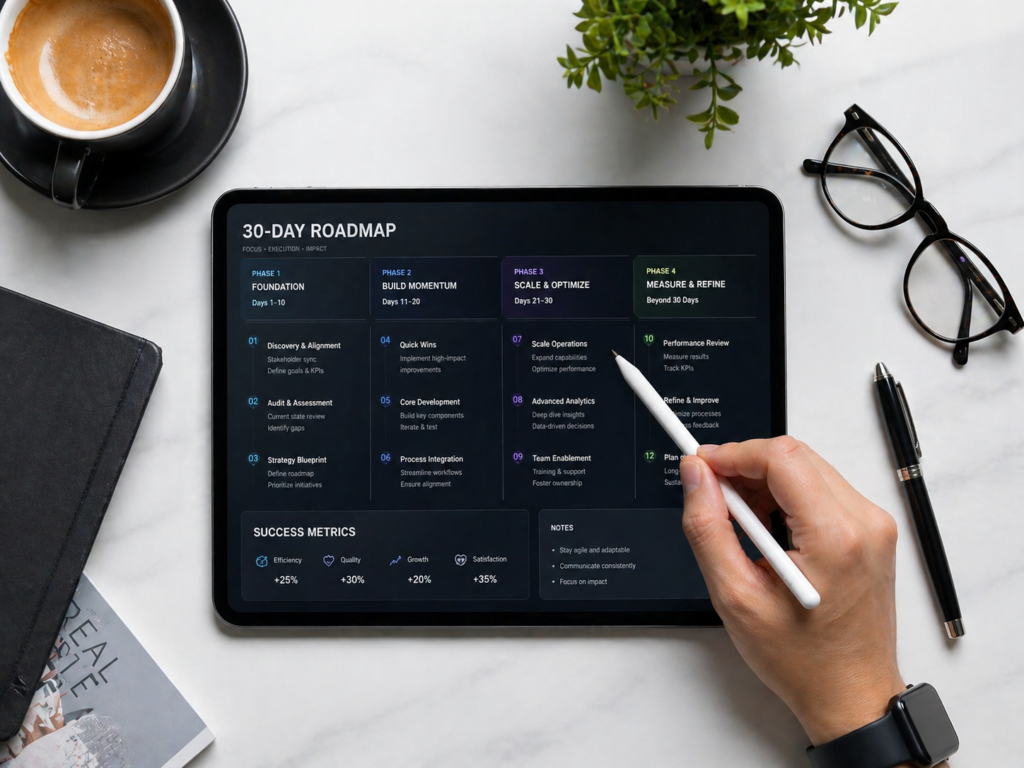 30 days road map. Overhead shot of a professional desk with a tablet displaying a 30-day AI implementation roadmap.