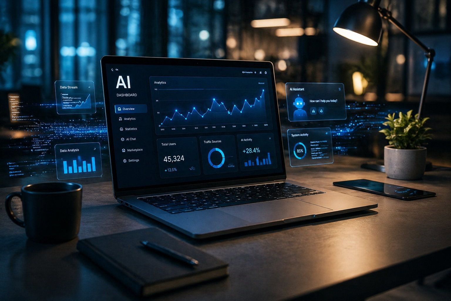 Futuristic AI workspace with laptop displaying data analytics dashboard, glowing blue interface, floating data streams, modern minimalist desk setup, high productivity environment, cinematic lighting, artificial intelligence technology concept .ai intuition png,