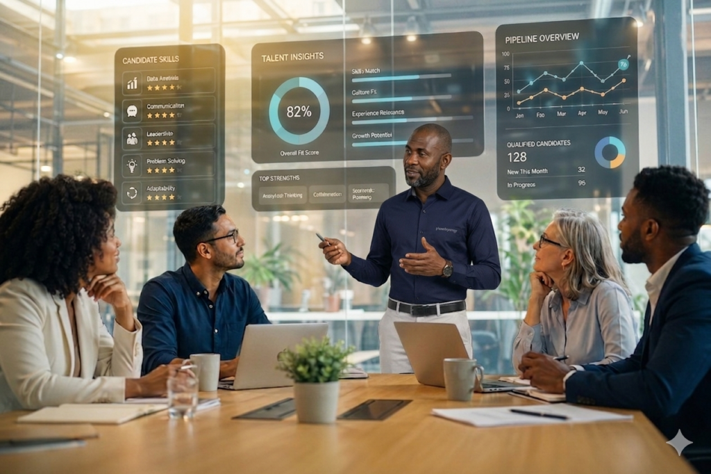 ethical ai group meeting, Diverse professional team in a glass-walled conference room with translucent AI data charts.