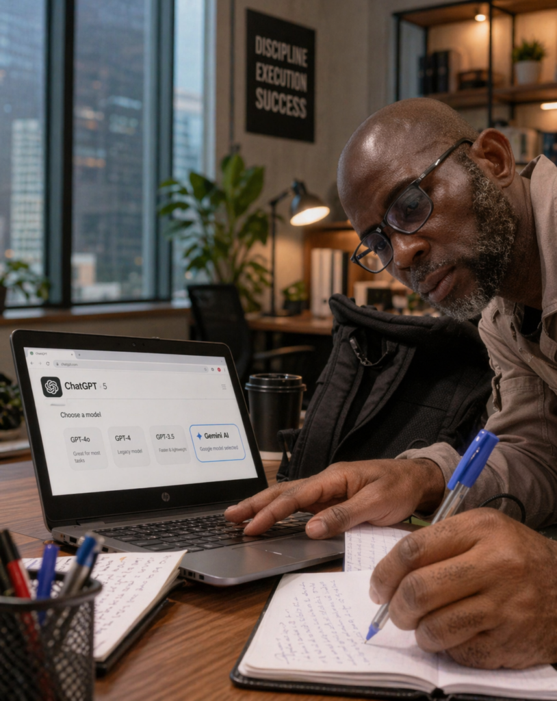 Babatunde of Piscartsynergy using free ChatGPT and Gemini AI models to draft professional content for a zero-dollar side hustle.gpt ai