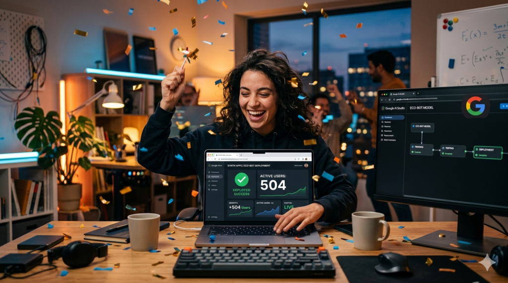 Developer celebrating the successful deployment of an AI application with 504 active users shown on a laptop dashboard in a modern, professional home office.