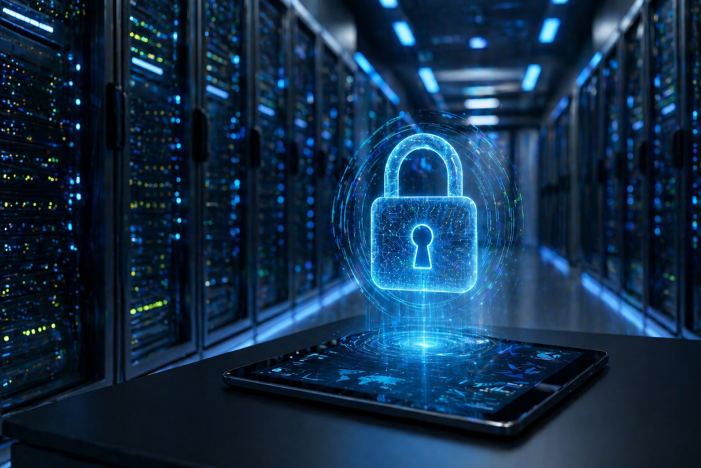 high level cybersecurity workstation.   Holographic padlock icon glowing in a modern blue-lit server room representing data sovereignty.