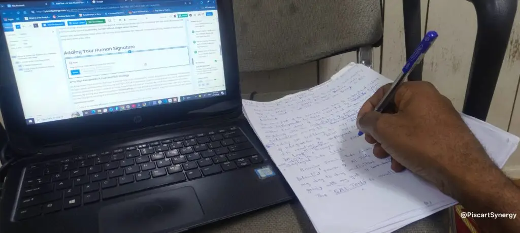 Behind-the-scene photo of the Piscartsynergy drafting process, showing handwritten notes and a laptop to illustrate the human-in-the-lop AI strategy