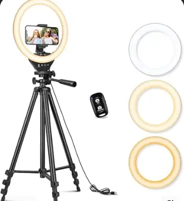 Sensyne 10-inch ring light with 50-inch extendable tripod stand, phone holder Bluetooth remote, and three color temperature modes