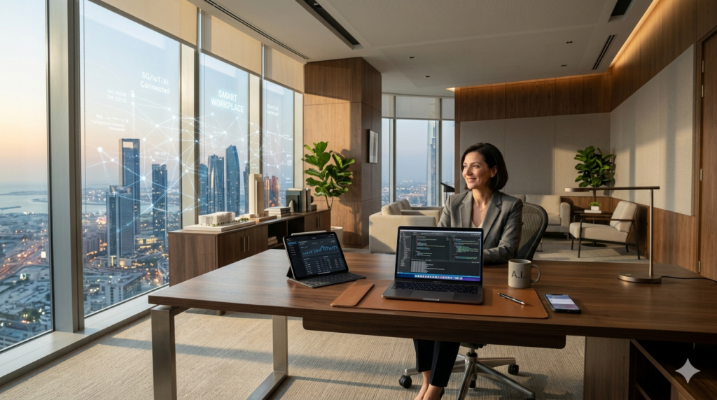 smart connected workplace. Modern sun-drenched executive office featuring a sleek AI-powered laptop and digital network overlay.
