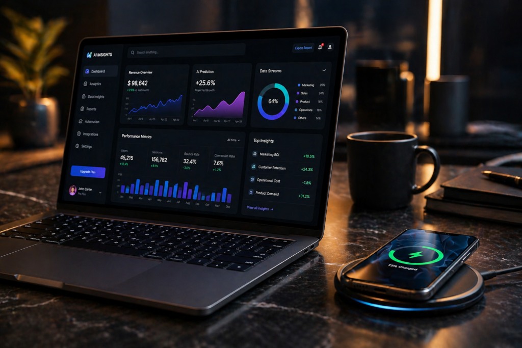 complex data dashboard, Close-up of a premium AI-ready laptop on a dark wood desk showing a complex data dashboard.