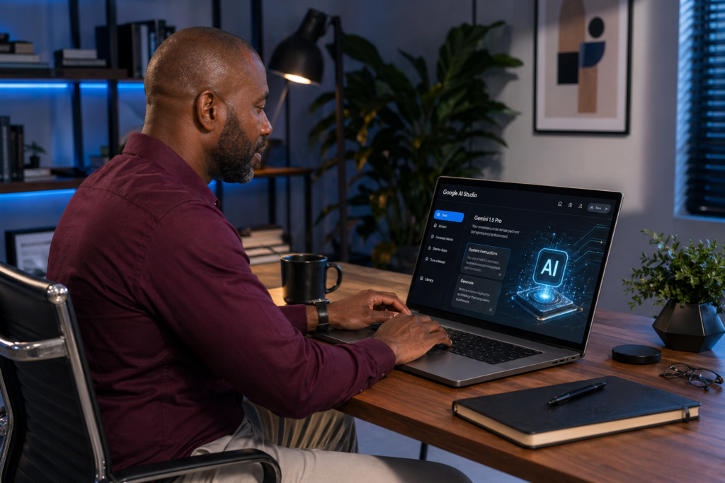 AI workspace setup for making money online, laptop with analytics dashboard, digital productivity tools for beginners