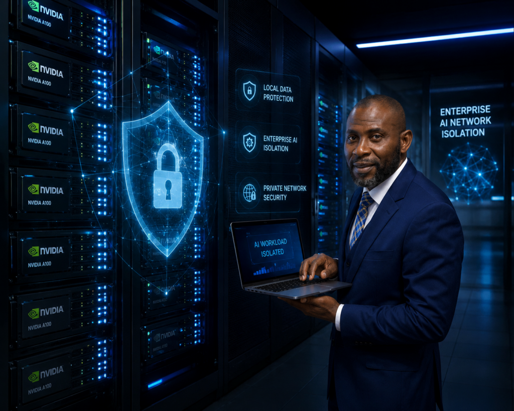Modern high-tech server room with glowing NVIDIA GPU enterprise servers, blue cybersecurity lighting, digital shield protection overlays, and a professional businessman holding a laptop in a secure AI infrastructure environment.