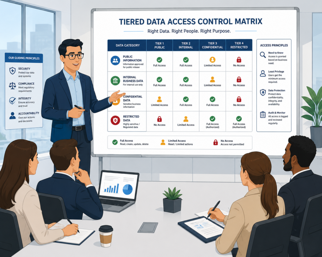 Flat vector illustration of an IT instructor presenting a tiered data access control matrix on a whiteboard to business professionals in a modern corporate training environment focused on secure system integration 