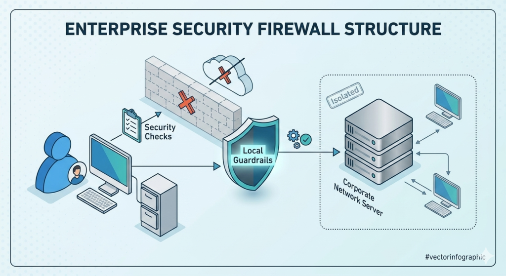 A minimalist isometric infographic diagram titled "ENTERPRISE SECURITY FIREWALL STRUCTURE". On the left, a user icon next to a computer station passes data through a large shield labeled "Local Guardrails" with a "Security Checks" clipboard. On the right, the verified data flows into an isolated "Corporate Network Server" stack connected to local workstations. In the background, a brick wall and a red "X" completely block off a cloud symbol representing the public internet.