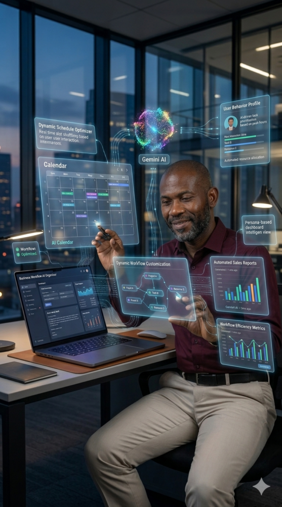 A male professional at his desk with a laptop, using gesture controls to interact with floating holographic data screens for dynamic scheduling, sales reports, and workflow customization.