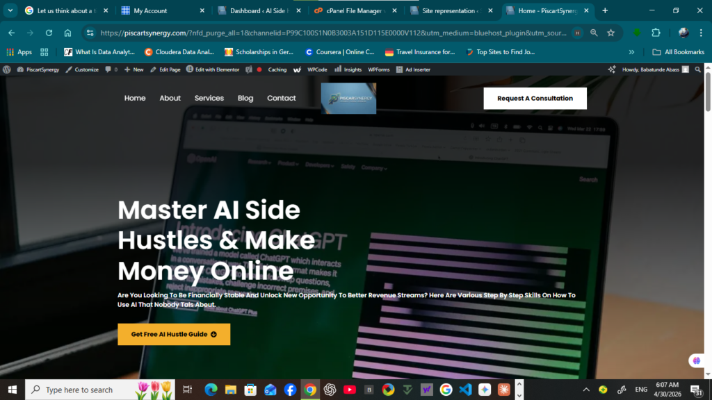 Screenshot of a website homepage featuring the headline "Master AI Side Hustles & Make Money Online" over a background image of a laptop displaying ChatGPT.