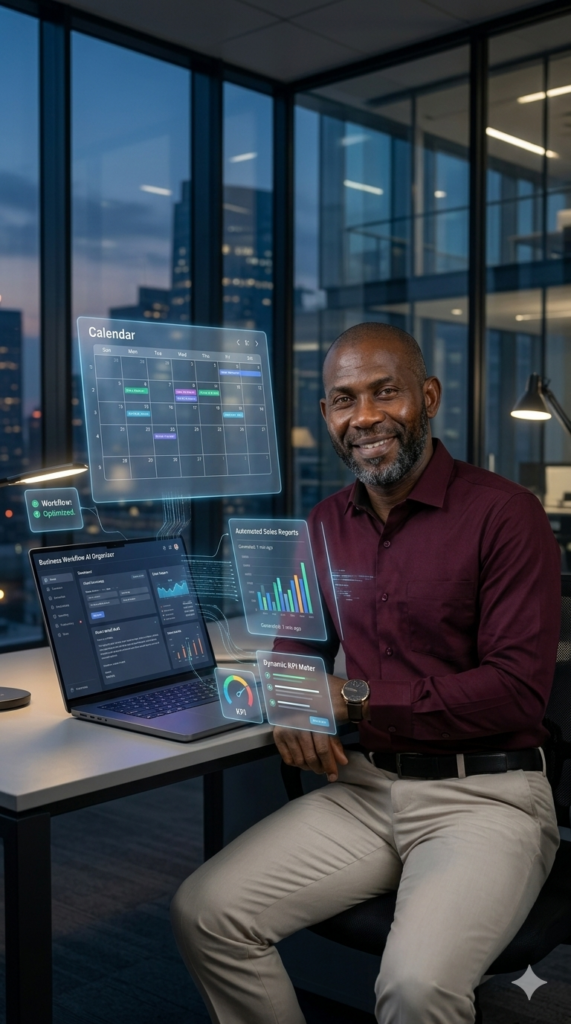 An AI assistant platform showing a businessman in a maroon shirt sitting at his office desk, interacting with floating holographic calendar, sales reports, and KPI data interfaces projecting from his laptop.