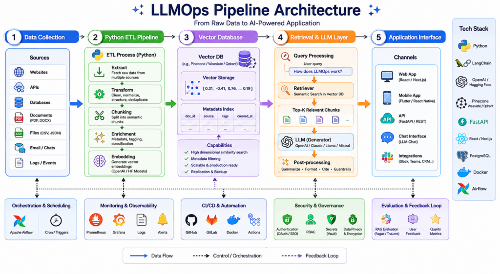 Highly detailed architecture diagram illustrating an end-to-end LLMOps workflow, including raw data collection, Python ETL processing, vector database storage, embedding generation, retrieval systems, and AI application deployment.