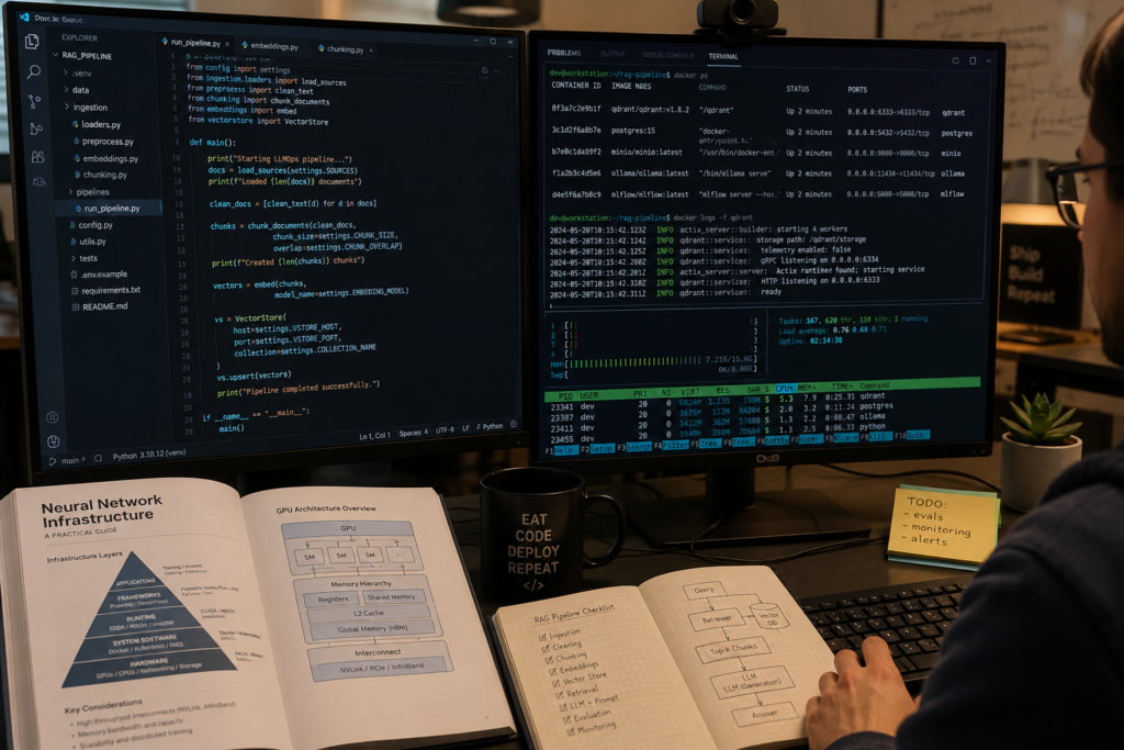 Close-up view of a professional IT workstation featuring dual monitors displaying Python code, a terminal running Docker containers, and technical documentation on neural network infrastructure and AI deployment.