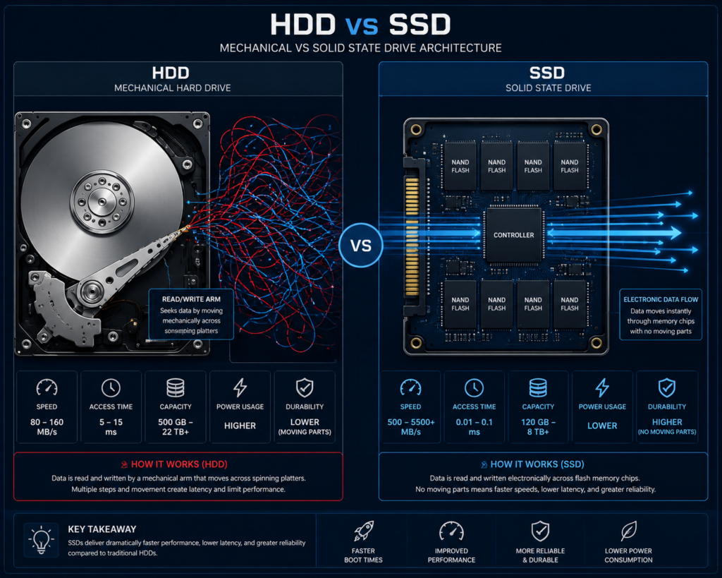 Clean vector-style blueprint comparing a mechanical HDD and a modern SSD. The HDD on the left features spinning platters, a read/write arm, and tangled data flow lines indicating processing bottlenecks. The SSD on the right displays flash memory chips with smooth, streamlined arrows representing fast data transfer. The design uses deep navy blue, silver, and soft gray tones in a modern technical infographic layout.