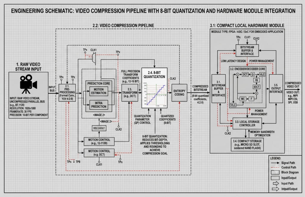 An engineering schematic diagram on a grid background. It displays an 8-bit video compression pipeline and hardware module. Section 1 shows raw video input. It has a resolution of 1080p at 30 frames per second. Section 2 shows the compression pipeline. It includes preprocessing, prediction, a DCT transform block, and an 8-bit quantization block. The quantization block features a step function graph. Section 3 shows a compact local hardware module. It contains an encoder/decoder core, local storage, and output interfaces. Solid black lines show signal paths. Dashed red lines show control paths.