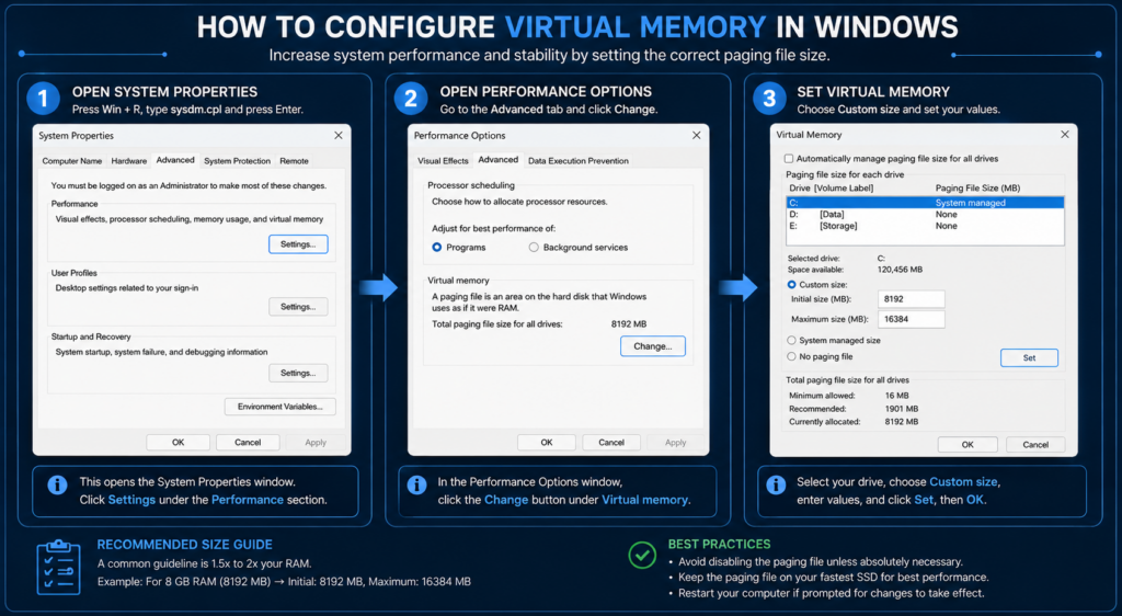 Technical instructional infographic displaying three sequential Windows configuration panels for setting up Virtual Memory. The first panel shows System Properties, the second displays Performance Options with the Virtual Memory section highlighted, and the third presents the Virtual Memory custom size settings with example values entered. Blue directional arrows connect each step, accompanied by best-practice recommendations and paging file size guidelines in a clean troubleshooting manual layout.