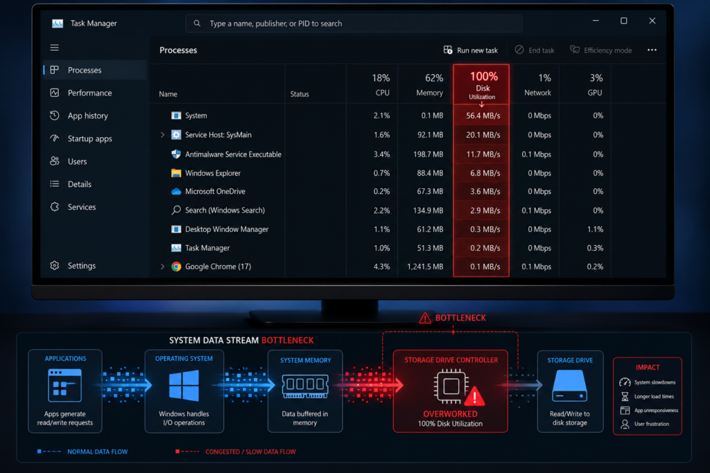 Professional technical infographic showing a Windows Task Manager Processes tab with the Disk column highlighted in red at 100% utilization. Below, a system data flowchart illustrates a storage drive controller bottleneck causing congested data traffic, slower read/write operations, and overall system performance degradation, using dark mode styling with red and blue corporate accents.