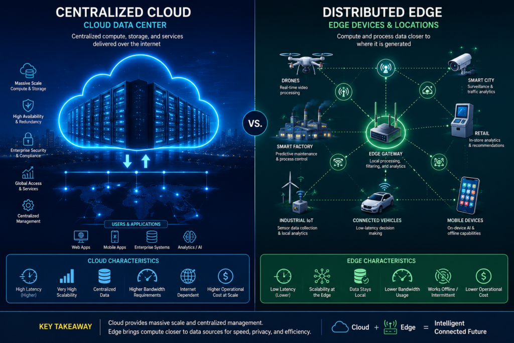 An infographic comparing Centralized Cloud versus Distributed Edge. The left side is blue and represents the Centralized Cloud with server racks. It lists cloud traits like high latency and very high scalability. The right side is green and represents the Distributed Edge. It displays edge devices like drones, smart factories, smart cities, and mobile devices connected to an Edge Gateway. This side lists edge traits like low latency and local data. A bottom banner summarizes the key takeaway: Cloud provides massive scale. Edge brings compute closer to data sources.