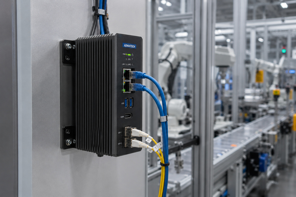 Compact industrial edge computing box mounted on a factory wall, connected with Ethernet and fiber optic cables, in a modern automated manufacturing assembly line.